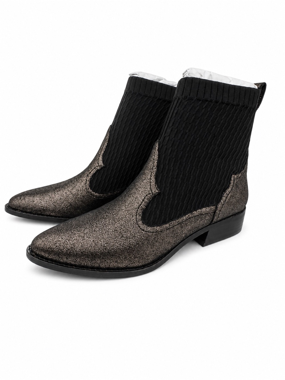 CECELIA NEW YORK Pewter Metallic Black Sock Ankle Western Boots